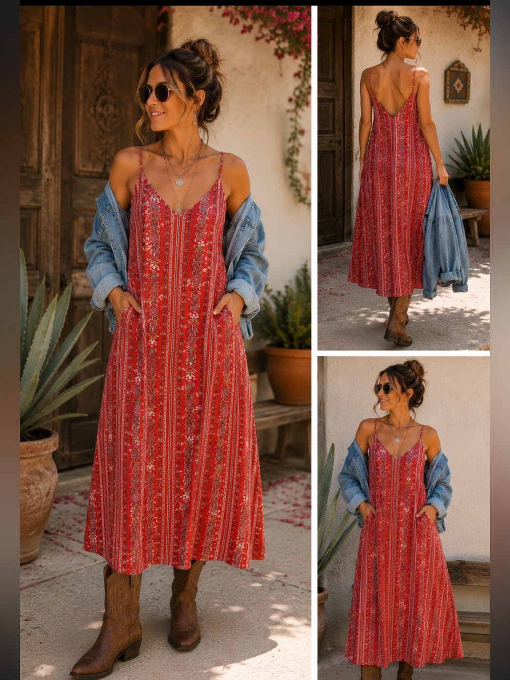 Boho Santa Fe ditzy Floral Maxi Dress Pockets Stretch Rayon NImi K  L
